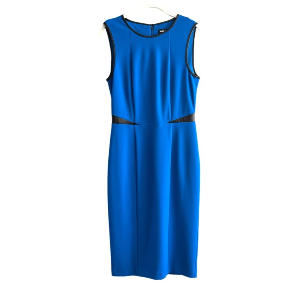 Karl Lagerfeld Sleeveless Leather Trim Dress Crepe Sheath Blue Black Size 4